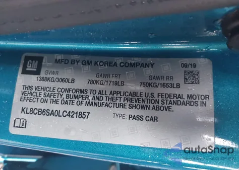 2020 Chevrolet Spark Fwd Ls Automatic z USA, uszkodzony, nr VIN KL8CB6SA0LC421857